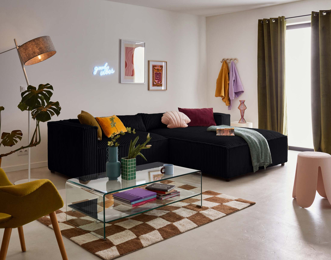 Canapé d'angle droit 4 places en velours côtelé grosses côtes Ela