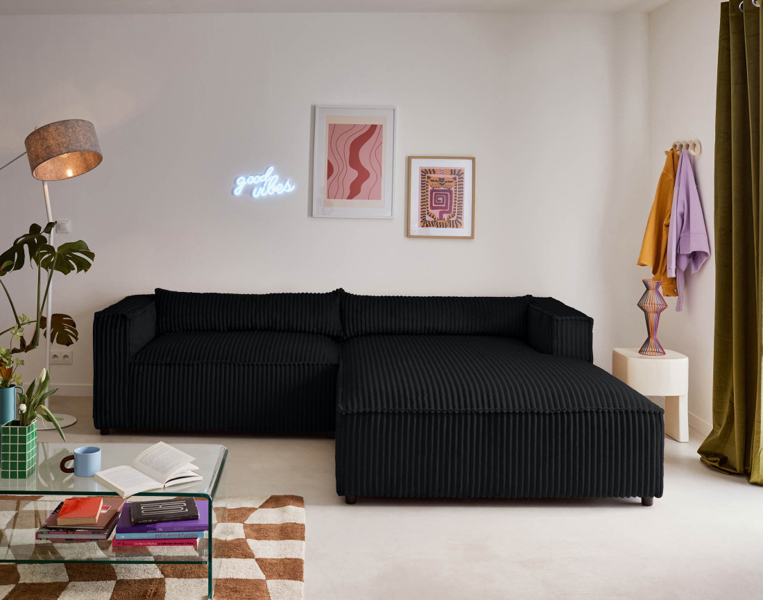 Canapé d'angle droit 4 places en velours côtelé grosses côtes Ela