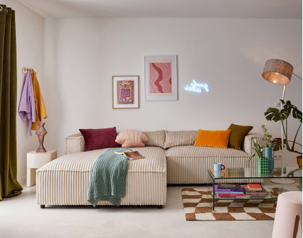 Canapé d'angle gauche 4 places en velours côtelé grosses côtes Ela