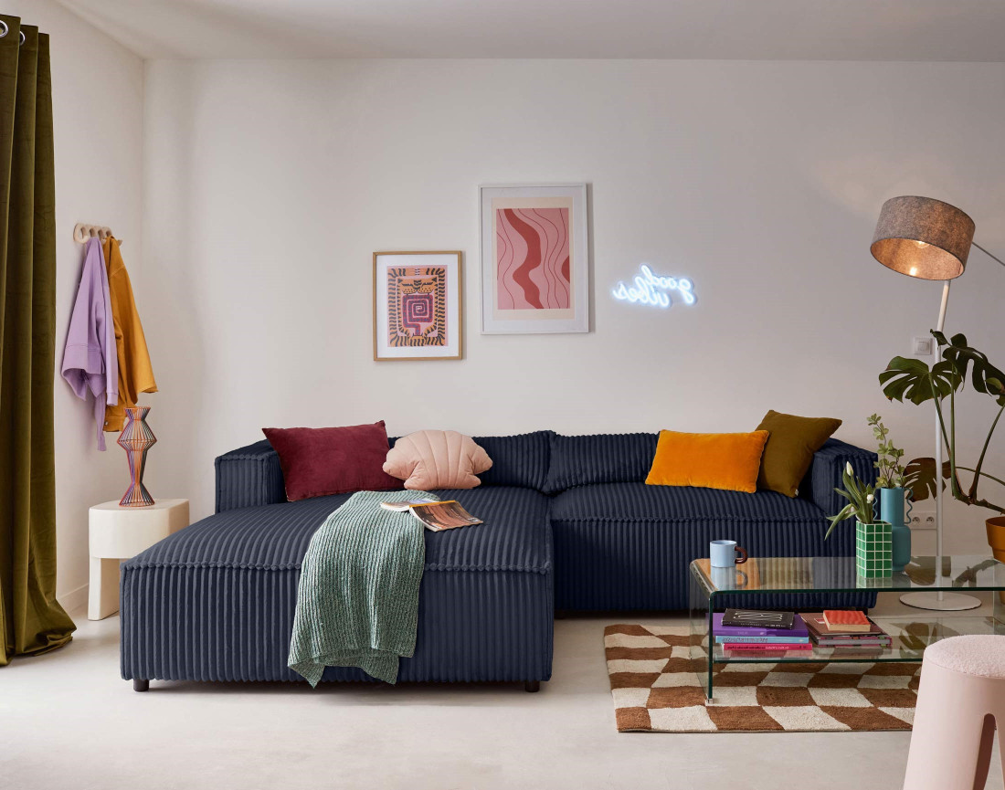 Canapé d'angle gauche 4 places en velours côtelé grosses côtes Ela