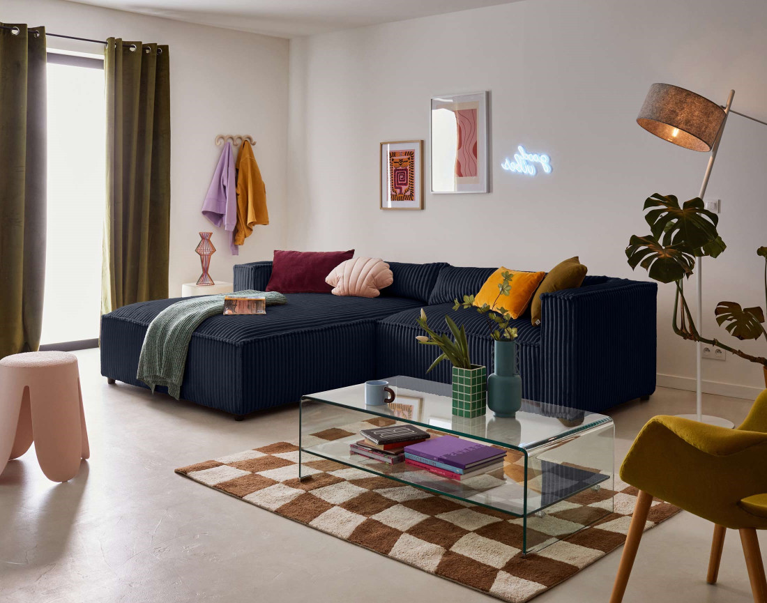 Canapé d'angle gauche 4 places en velours côtelé grosses côtes Ela