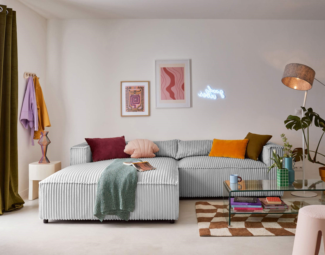 Canapé d'angle gauche 4 places en velours côtelé grosses côtes Ela