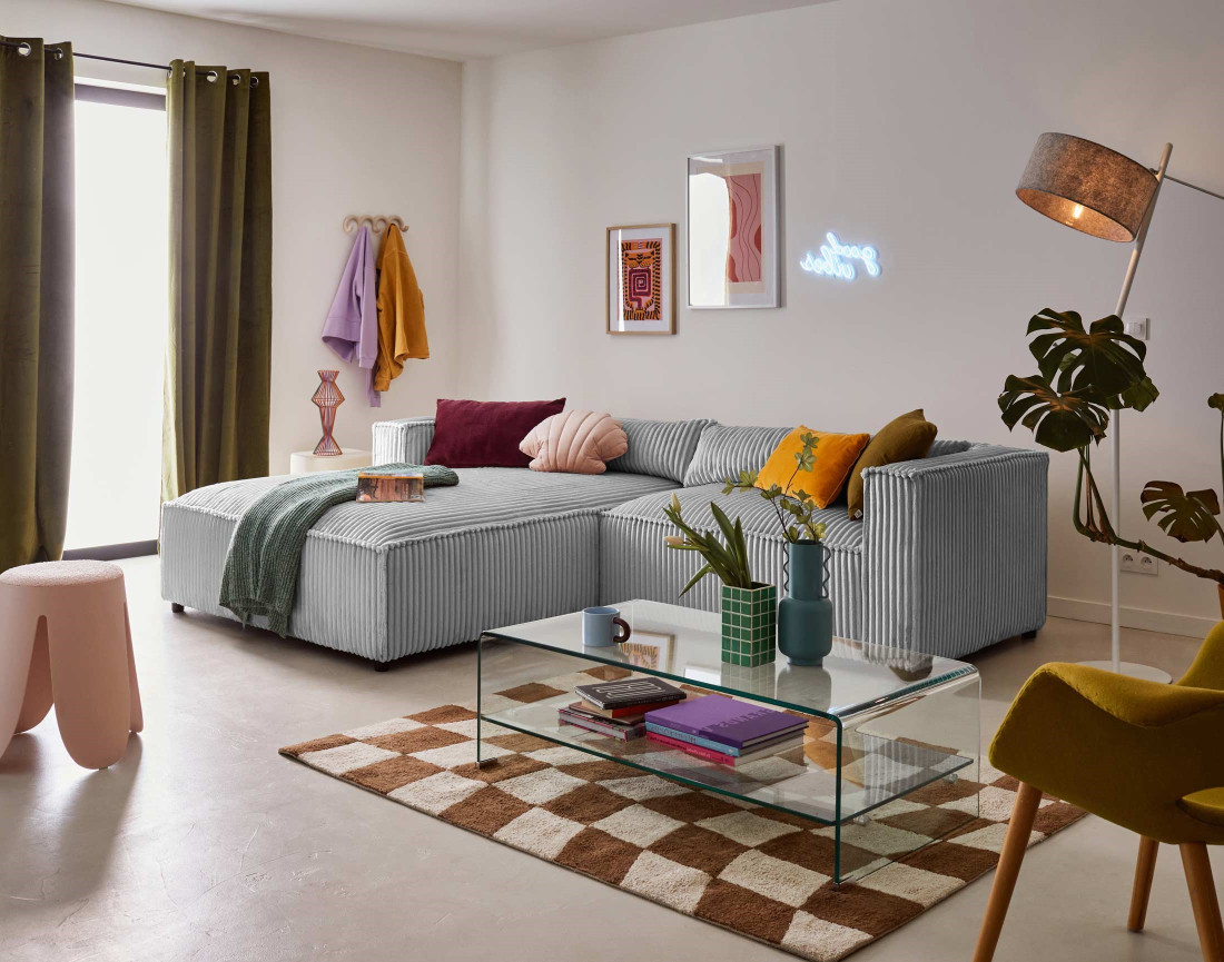 Canapé d'angle gauche 4 places en velours côtelé grosses côtes Ela