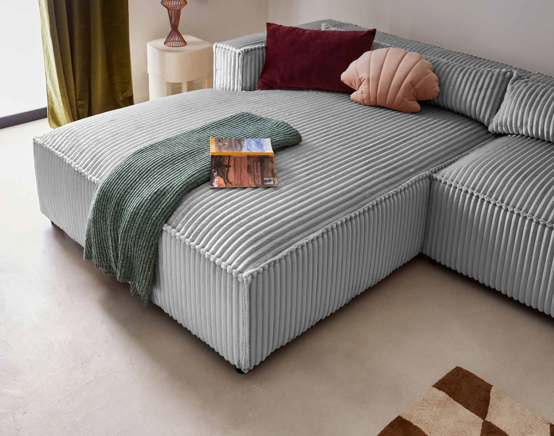 Canapé d'angle gauche 4 places en velours côtelé grosses côtes Ela