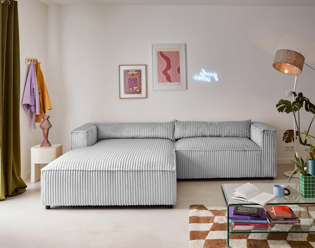 Canapé d'angle gauche 4 places en velours côtelé grosses côtes Ela