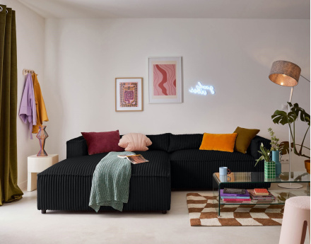 Canapé d'angle gauche 4 places en velours côtelé grosses côtes Ela