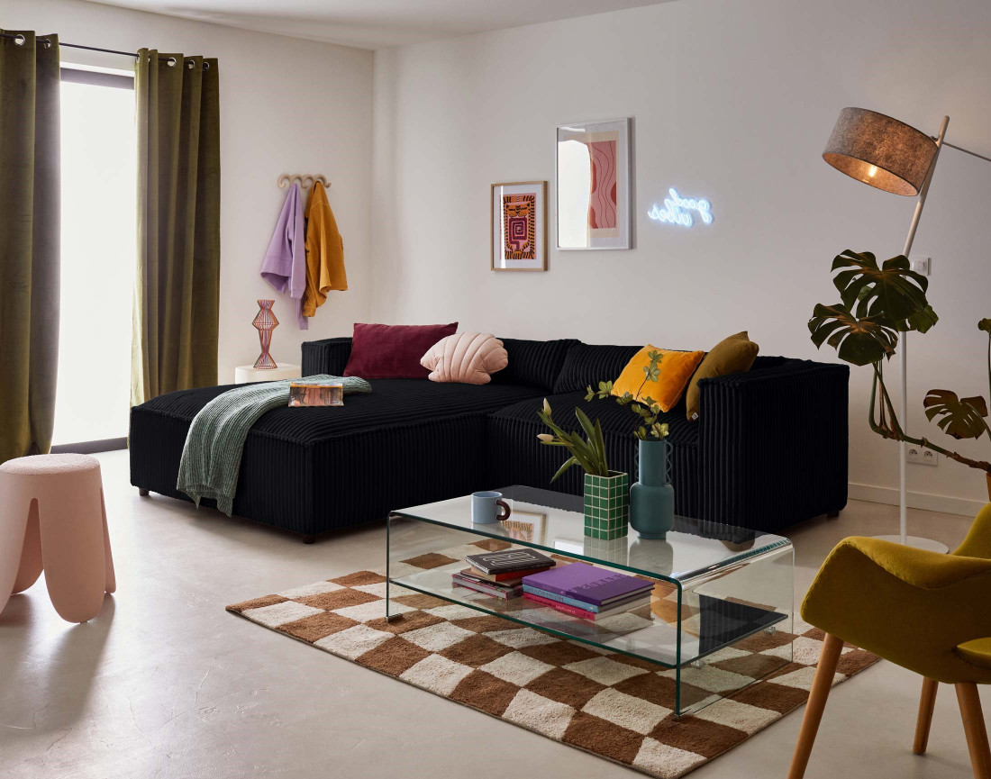 Canapé d'angle gauche 4 places en velours côtelé grosses côtes Ela