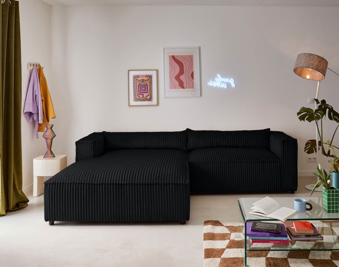 Canapé d'angle gauche 4 places en velours côtelé grosses côtes Ela