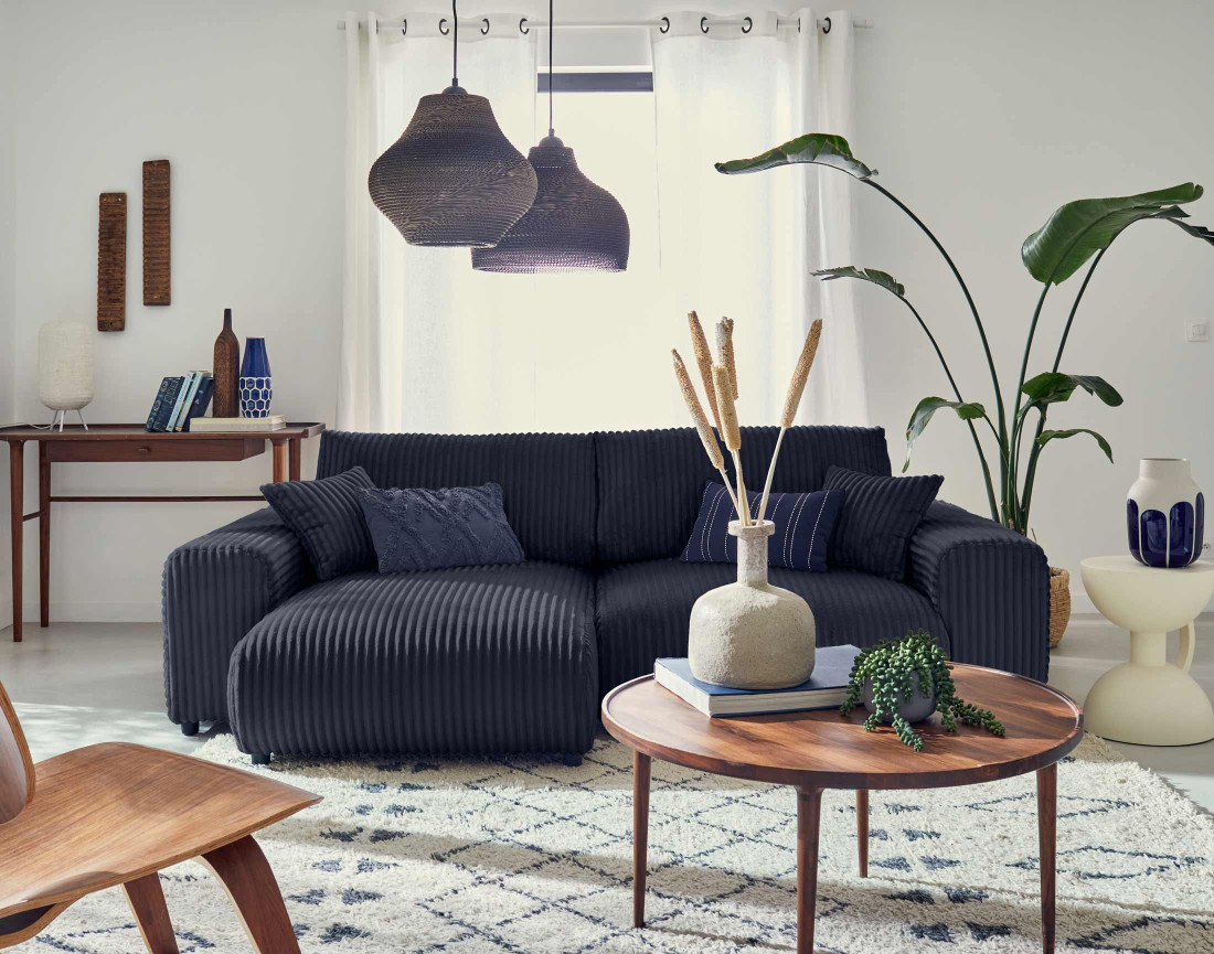 Canapé d'angle réversible 4 places en velours côtelé grosses côtes Garance