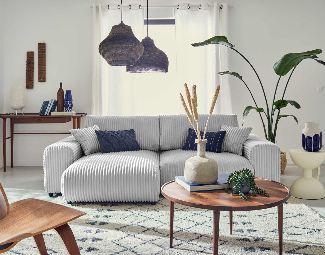 Canapé d'angle réversible 4 places en velours côtelé grosses côtes Garance