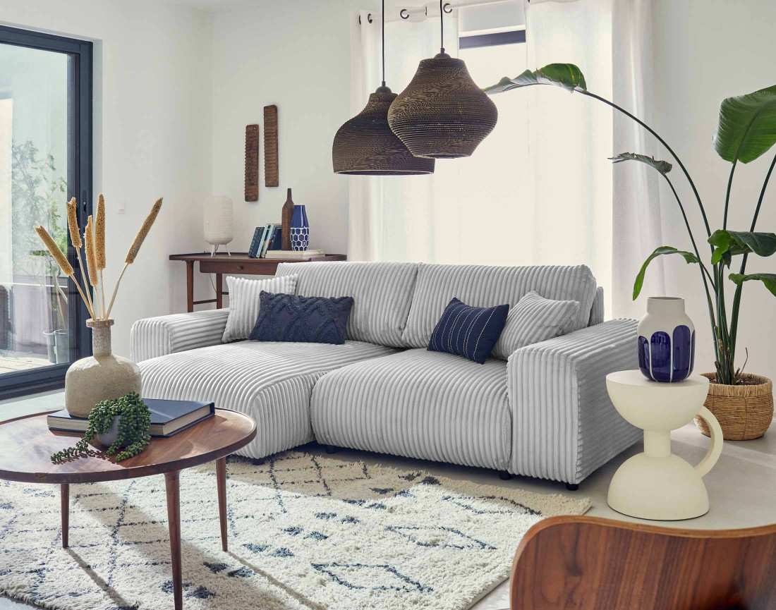 Canapé d'angle réversible 4 places en velours côtelé grosses côtes Garance