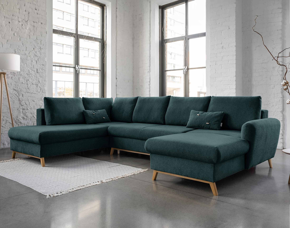 Lagom - canapé d'angle panoramique gauche convertible 7 places avec coffre en tissu - style scandinave