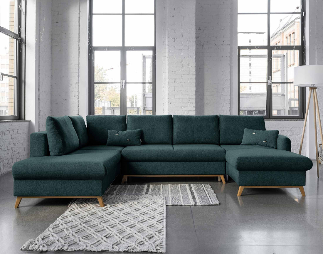 Lagom - canapé d'angle panoramique gauche convertible 7 places avec coffre en tissu - style scandinave