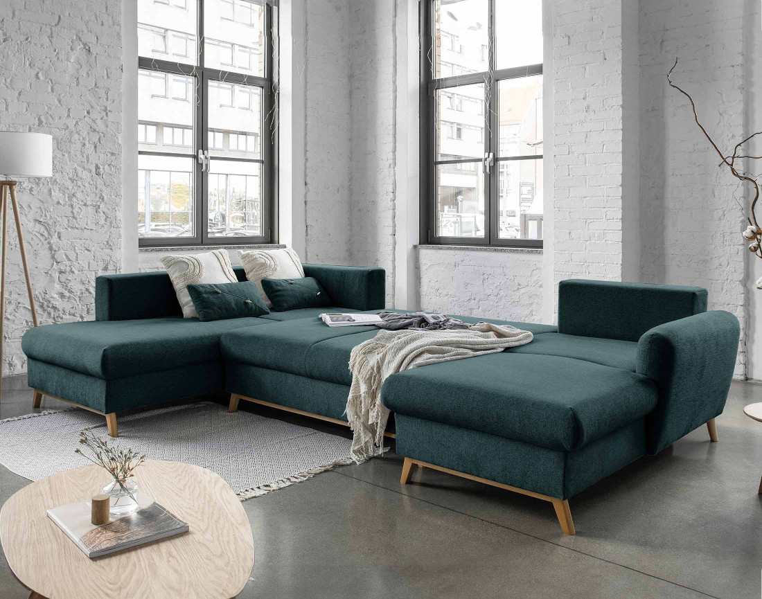 Lagom - canapé d'angle panoramique gauche convertible 7 places avec coffre en tissu - style scandinave