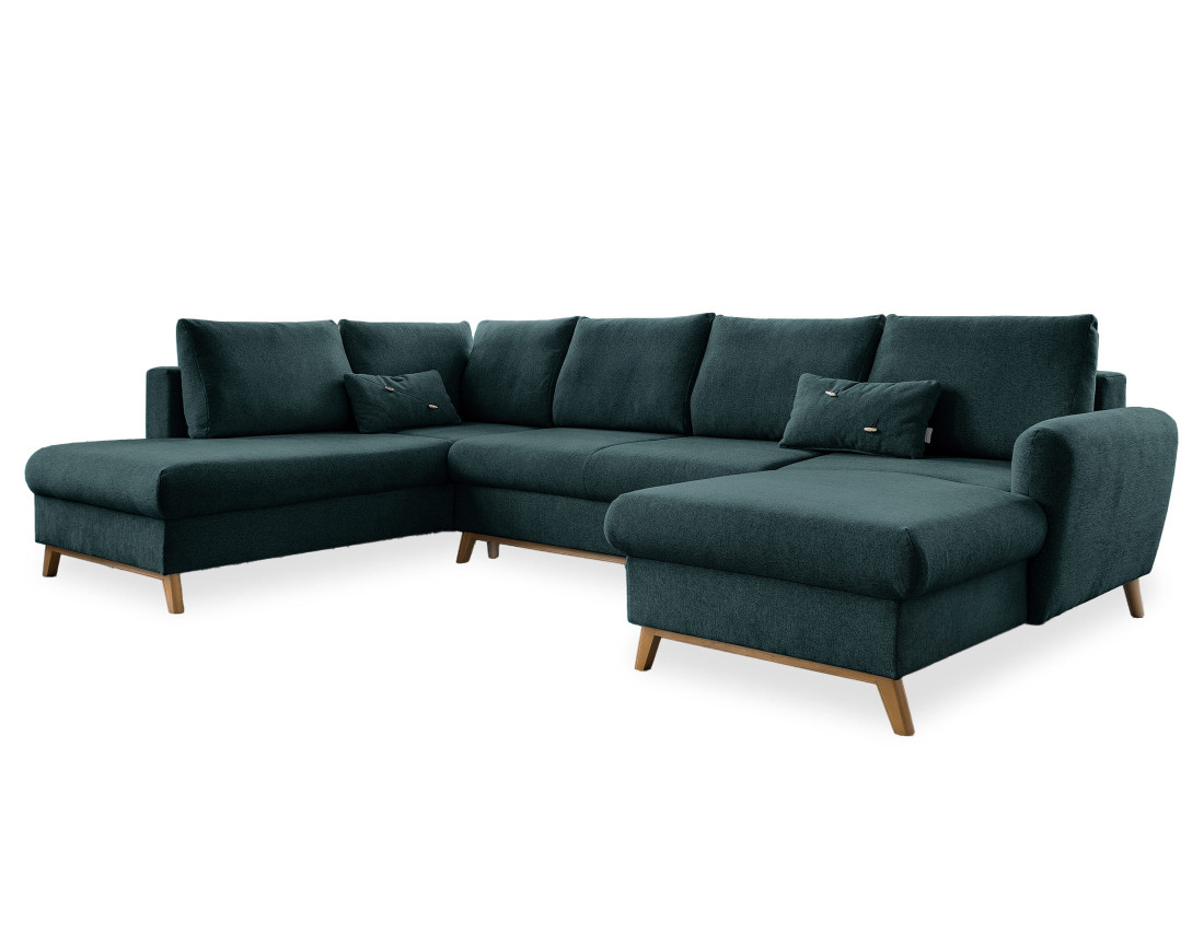 Lagom - canapé d'angle panoramique gauche convertible 7 places avec coffre en tissu - style scandinave