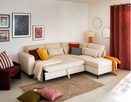 Canapé d'angle réversible 5 places convertible avec coffre en velours côtelé - Aubépine