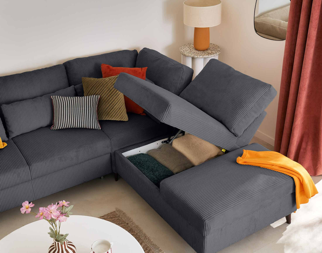 Canapé d'angle réversible 5 places convertible avec coffre en velours côtelé - Aubépine