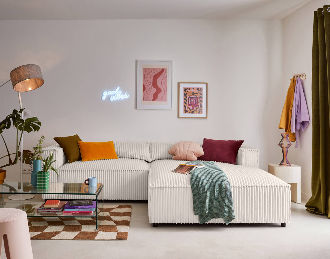 Canapé d'angle droit 4 places en velours côtelé grosses côtes Ela