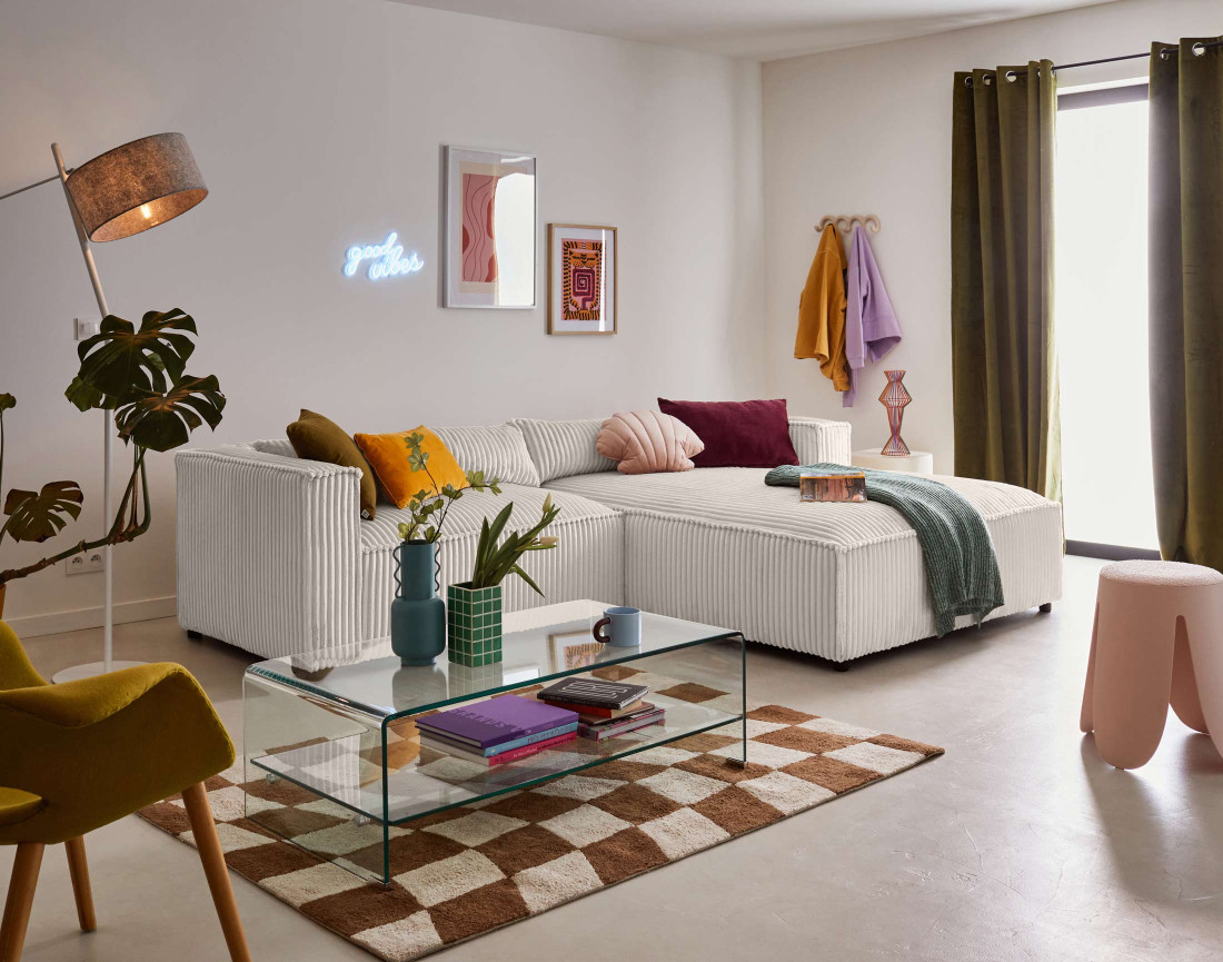 Canapé d'angle droit 4 places en velours côtelé grosses côtes Ela