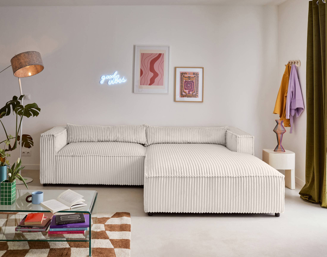 Canapé d'angle droit 4 places en velours côtelé grosses côtes Ela