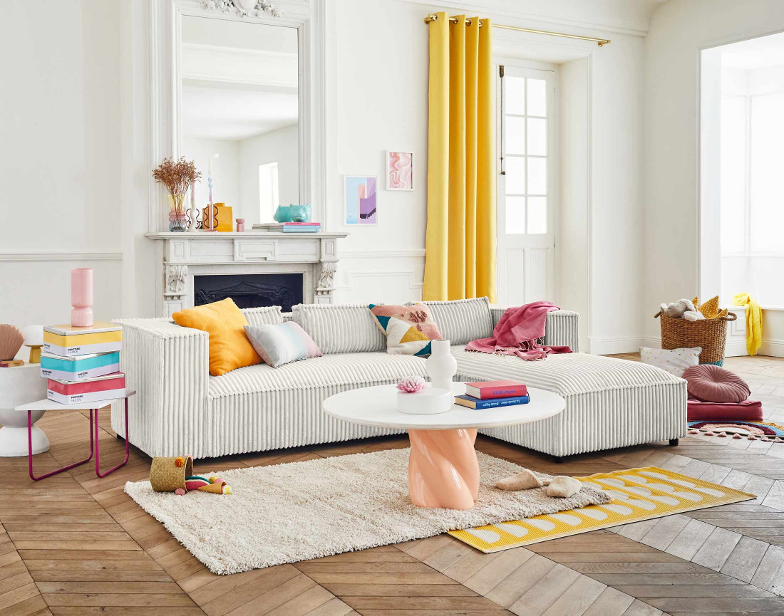 Canapé d'angle droit 4 places en velours côtelé grosses côtes Stella