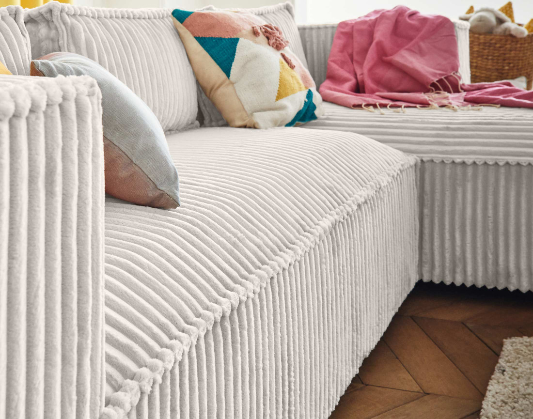 Canapé d'angle droit 4 places en velours côtelé grosses côtes Stella