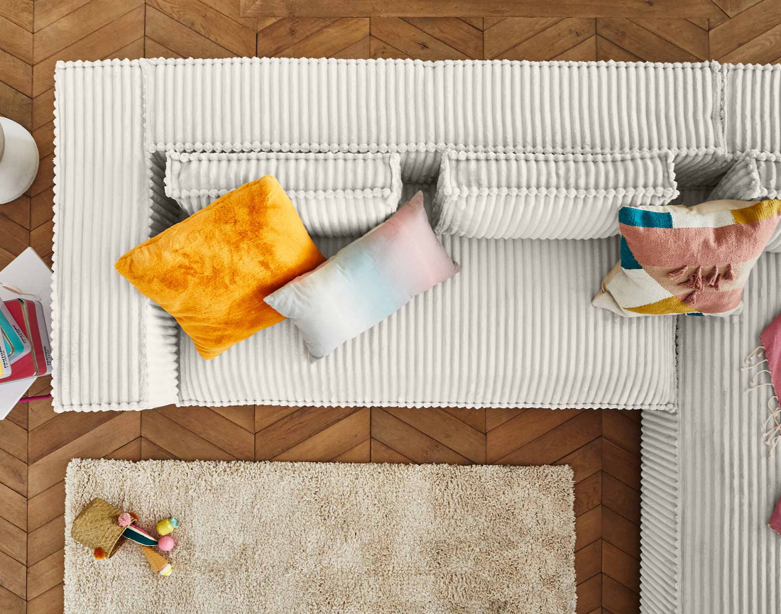 Canapé d'angle droit 4 places en velours côtelé grosses côtes Stella