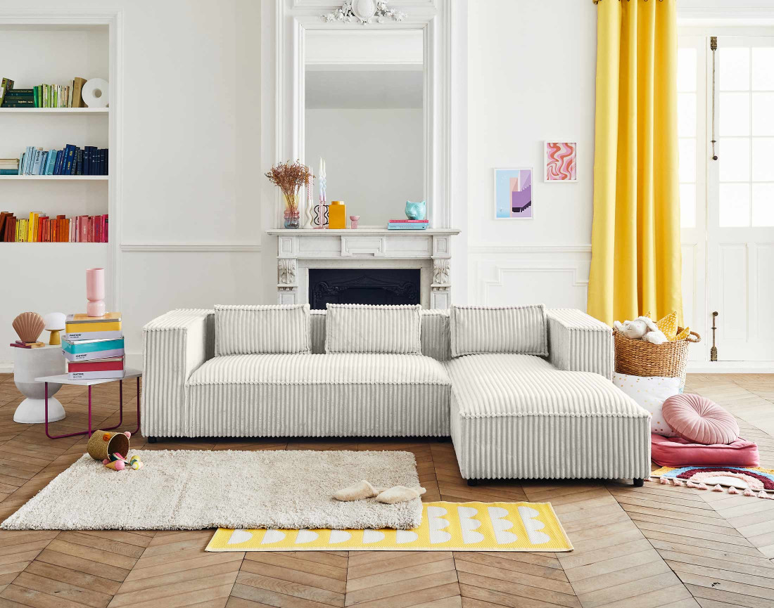 Canapé d'angle droit 4 places en velours côtelé grosses côtes Stella