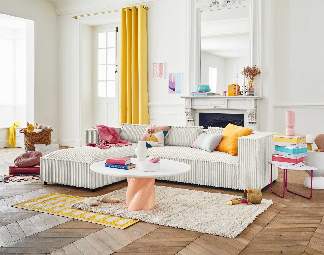 Canapé d'angle gauche 4 places en velours côtelé grosses côtes Stella