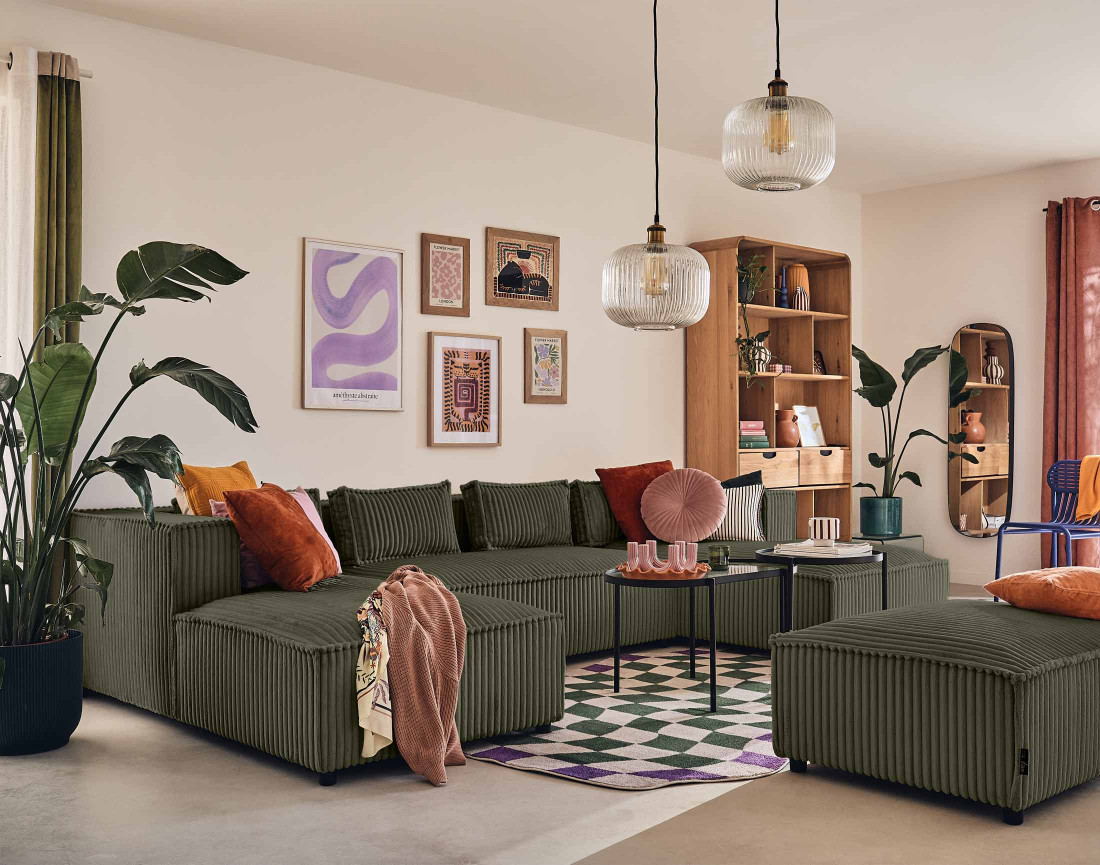 Canapé panoramique en U 7 places en velours côtelé grosses côtes Stella