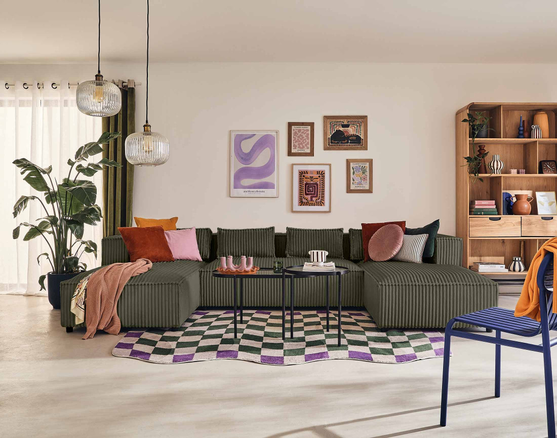 Canapé panoramique en U 7 places en velours côtelé grosses côtes Stella