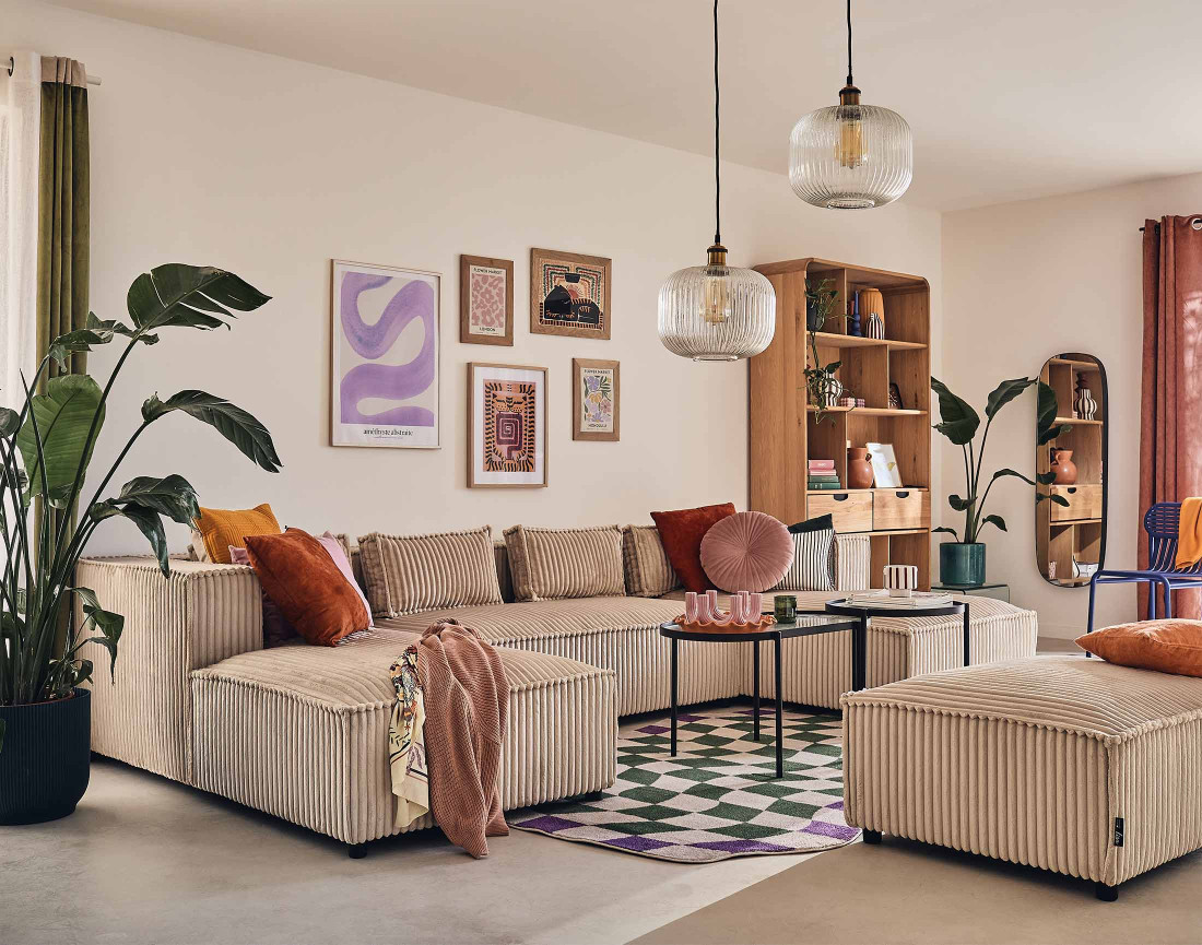 Canapé panoramique en U 7 places en velours côtelé grosses côtes Stella