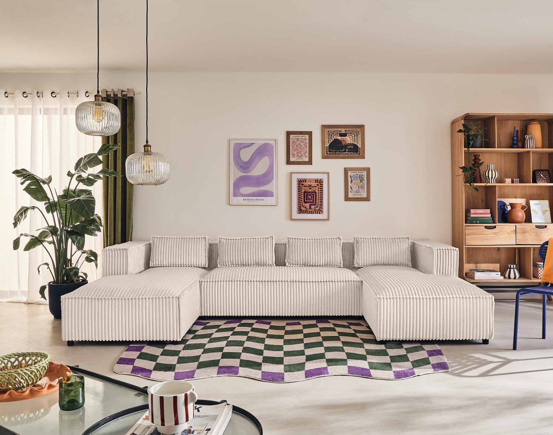 Canapé panoramique en U 7 places en velours côtelé grosses côtes Stella