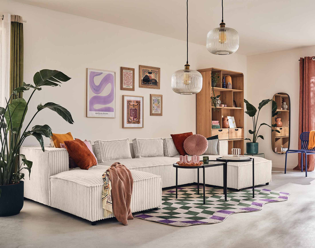 Canapé panoramique en U 7 places en velours côtelé grosses côtes Stella