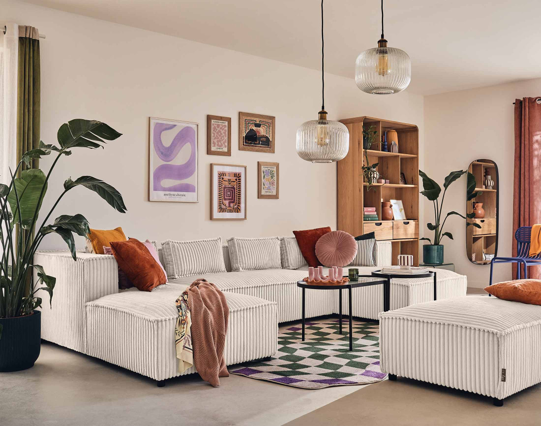 Canapé panoramique en U 7 places en velours côtelé grosses côtes Stella