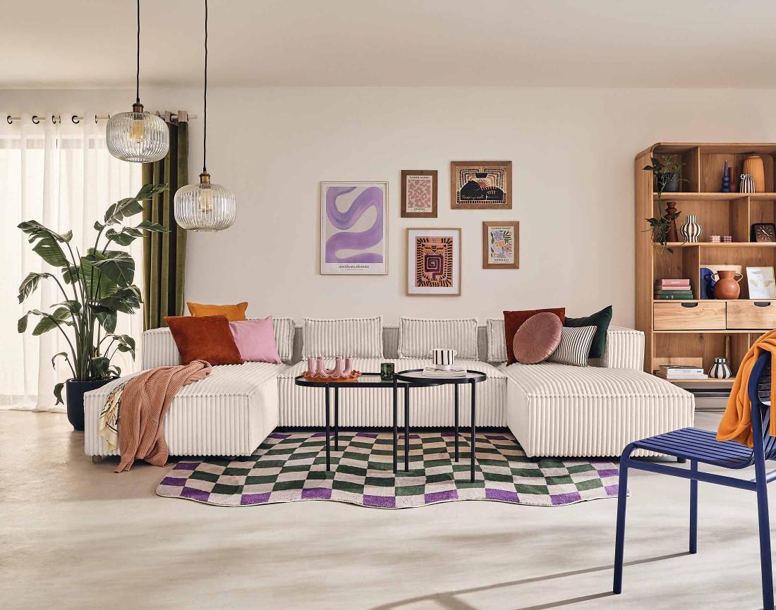 Canapé panoramique en U 7 places en velours côtelé grosses côtes Stella