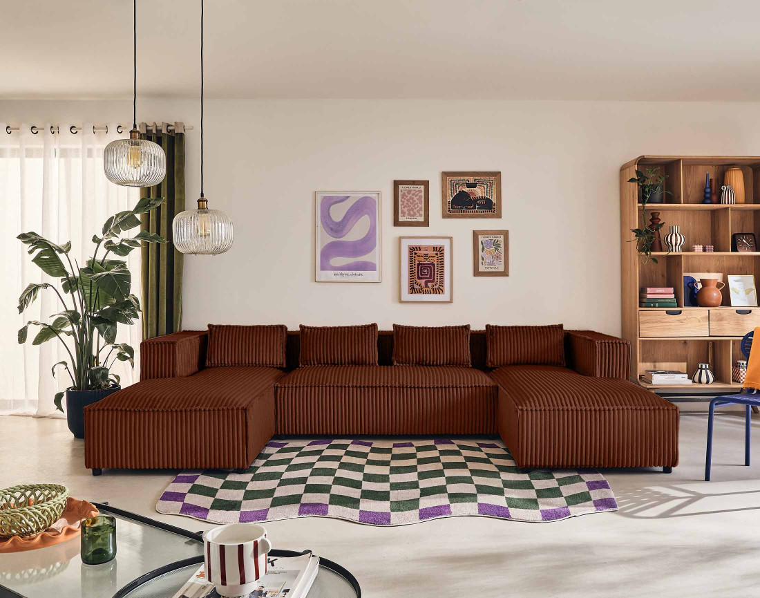 Canapé panoramique en U 7 places en velours côtelé grosses côtes Stella