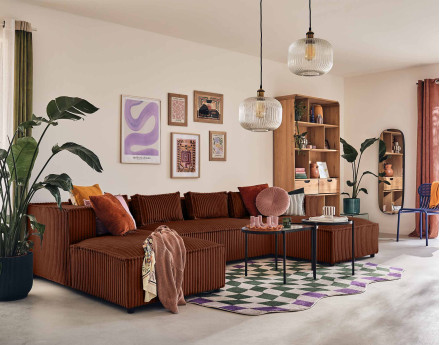 Canapé panoramique en U 7 places en velours côtelé grosses côtes Stella