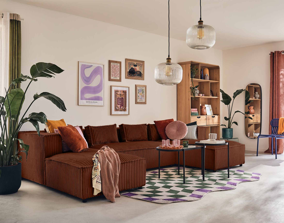 Canapé panoramique en U 7 places en velours côtelé grosses côtes Stella