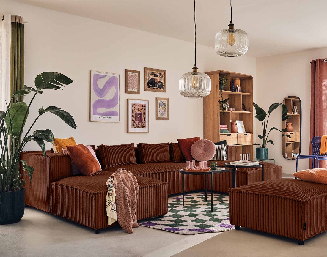 Canapé panoramique en U 7 places en velours côtelé grosses côtes Stella