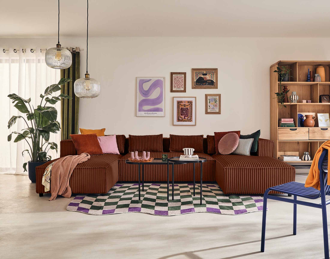 Canapé panoramique en U 7 places en velours côtelé grosses côtes Stella