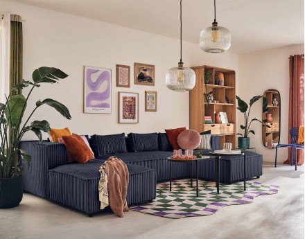 Canapé panoramique en U 7 places en velours côtelé grosses côtes Stella