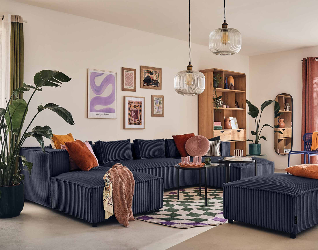 Canapé panoramique en U 7 places en velours côtelé grosses côtes Stella