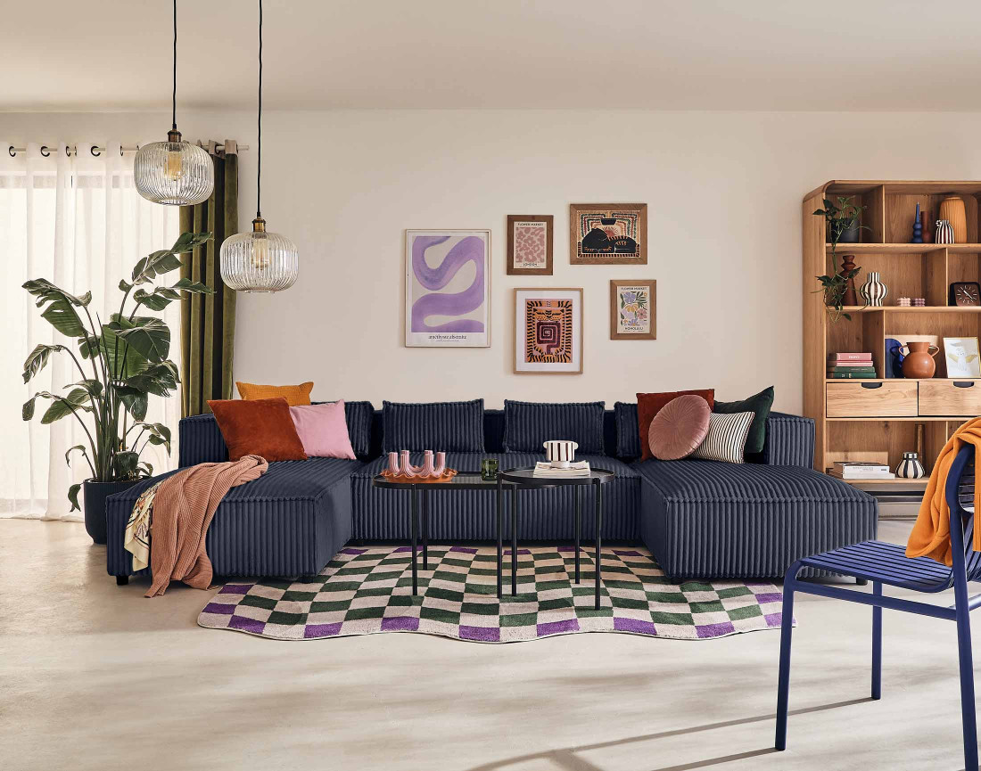 Canapé panoramique en U 7 places en velours côtelé grosses côtes Stella