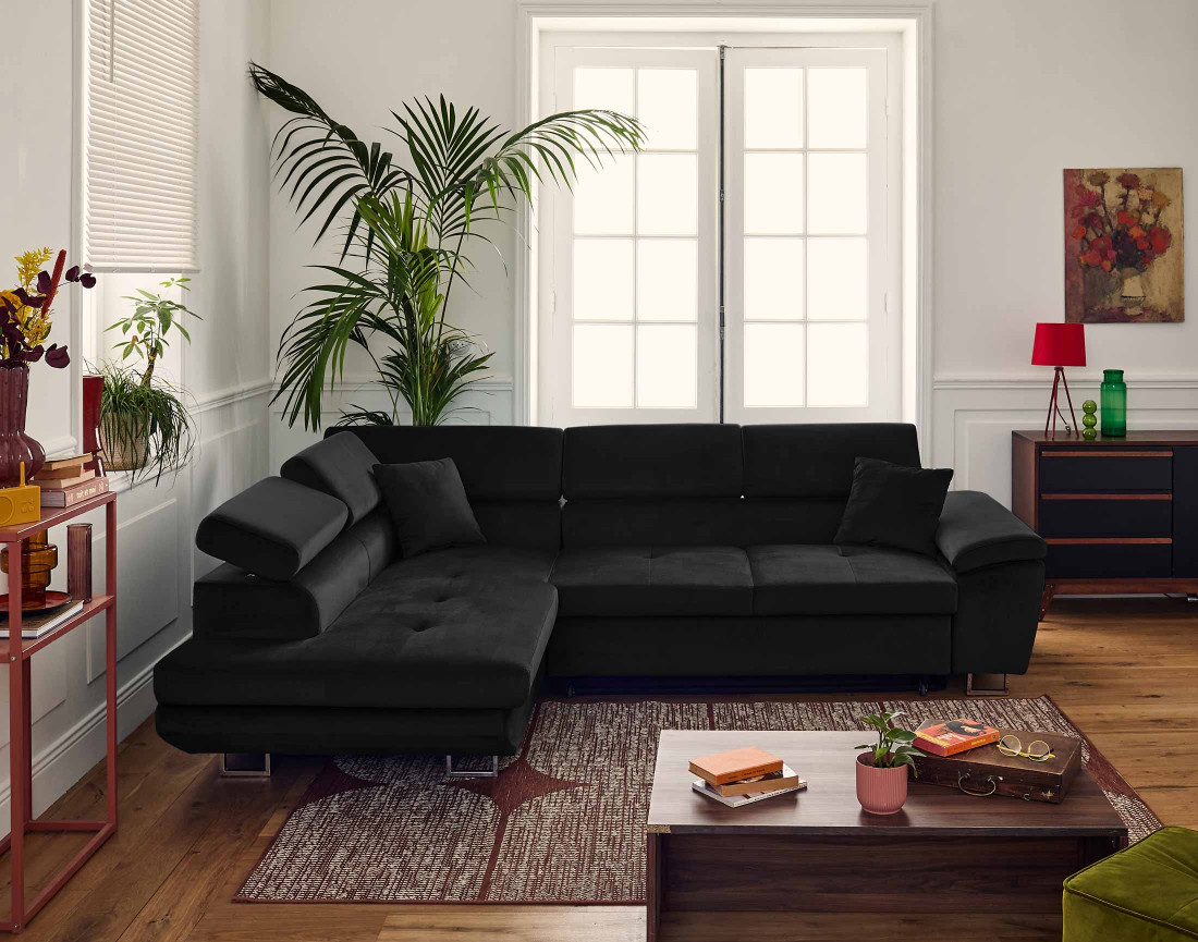 Canapé d'angle gauche 5 places convertible avec coffre et têtières réglables en velours Dimas