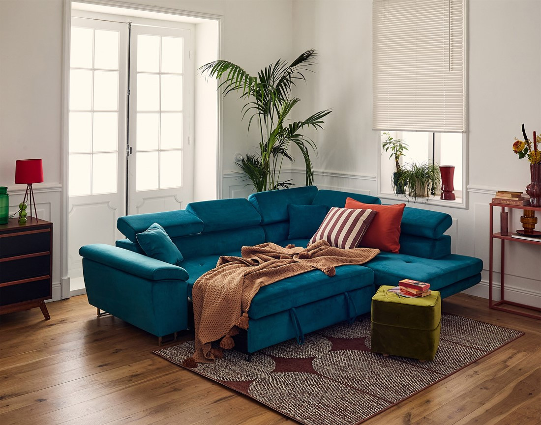 Canapé d'angle droit 5 places convertible avec coffre et têtières réglables en velours Dimas