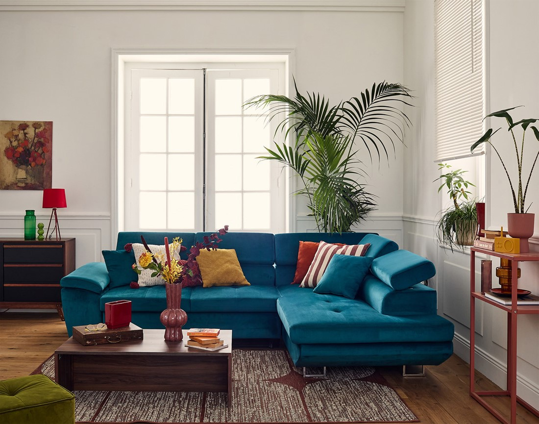 Canapé d'angle droit 5 places convertible avec coffre et têtières réglables en velours Dimas