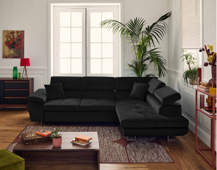 Canapé d'angle droit 5 places convertible avec coffre et têtières réglables en velours Dimas