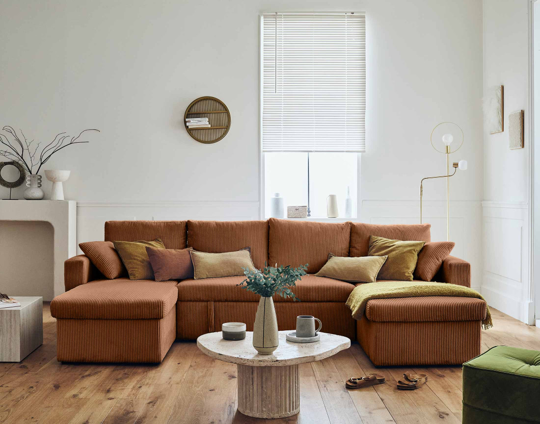 Canapé panoramique en U 7 places convertible avec coffre en velours côtelé Cyrus