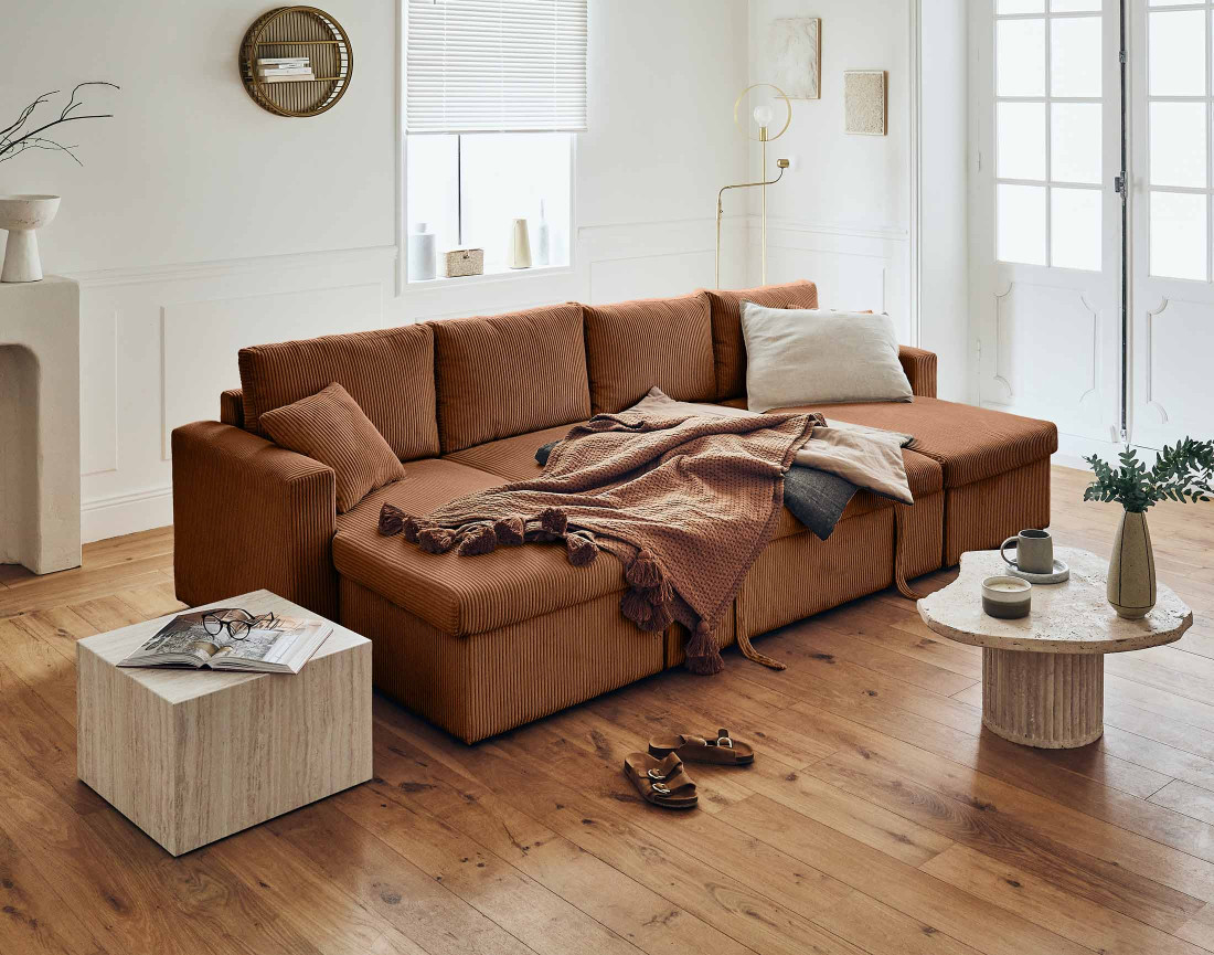 Canapé panoramique en U 7 places convertible avec coffre en velours côtelé Cyrus